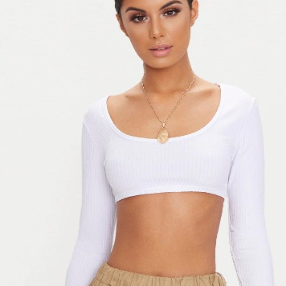 Basic White Rib Longsleeve Crop Top